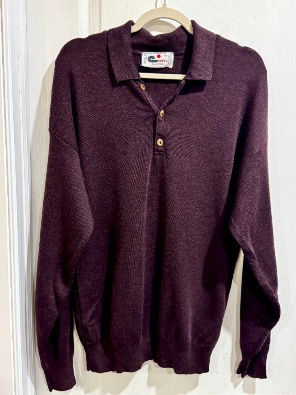 Vintage 70s/80s Merino Henley Sweater - Cooper Monsieur - Made in Canda - Large
